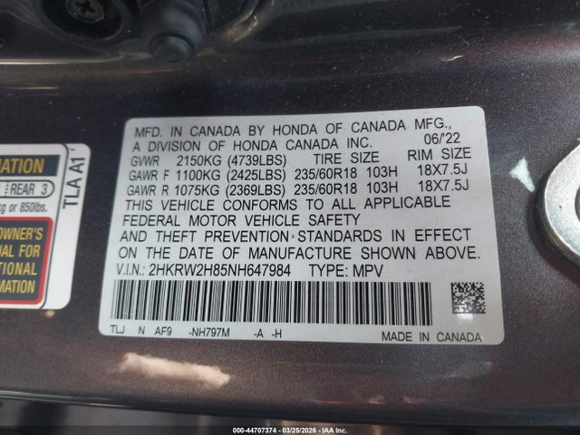 2HKRW2H85NH647984 Honda Cr-v Awd Ex-l