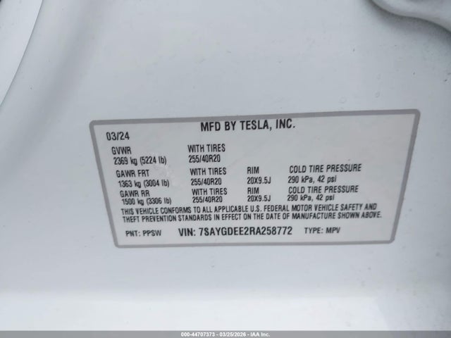 44707373 :رقم المزاد ، 7SAYGDEE2RA258772 vin ، 2024 Tesla Model Y Long Range Dual Motor All-wheel Drive مزاد بيع