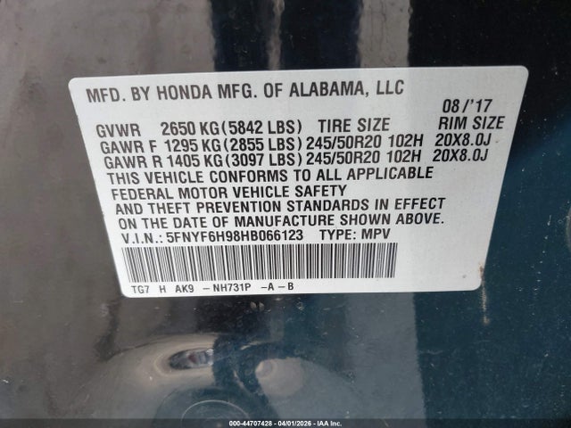 Honda Pilot Touring 2017 5FNYF6H98HB066123 Image 9
