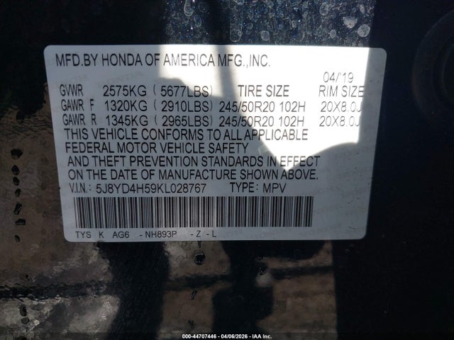 2019 Acura Mdx Tech Pkg მანქანა იყიდება აუქციონზე, vin: 5J8YD4H59KL028767, აუქციონის ნომერი: 44707446