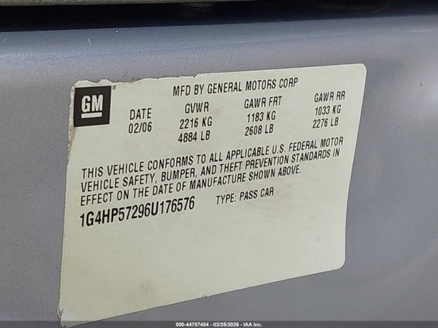 44707454 :رقم المزاد ، 1G4HP57296U176576 vin ، 2006 Buick Lucerne Cx مزاد بيع