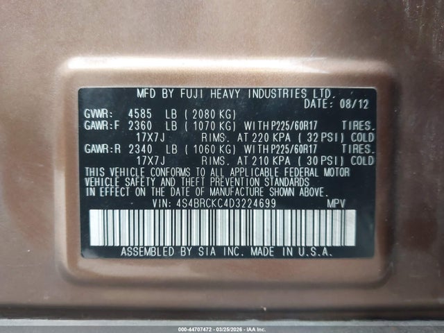 Aukcja sprzedaży 2013 Subaru Outback 2.5i Limited, vin: 4S4BRCKC4D3224699, numer aukcji: 44707472