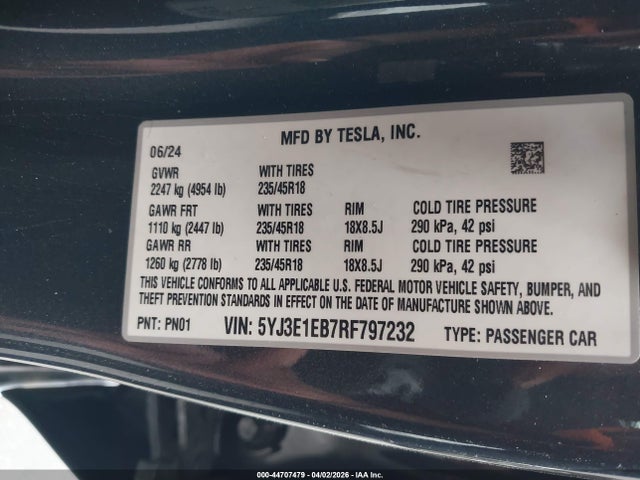 Продажа на аукционе авто 2024 Tesla Model 3 Long Range Dual Motor All-wheel Drive, vin: 5YJ3E1EB7RF797232, номер лота: 44707479