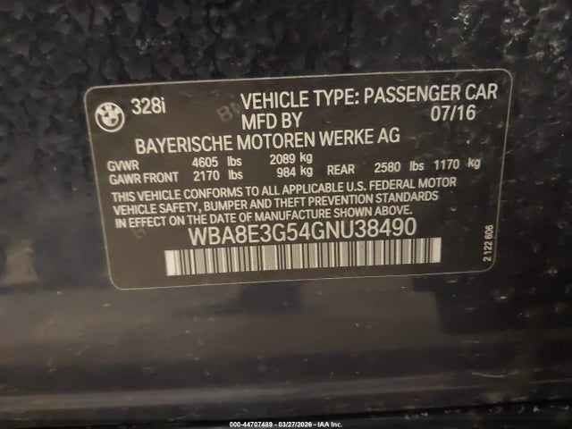 44707489 :رقم المزاد ، WBA8E3G54GNU38490 vin ، 2016 Bmw 328i Xdrive مزاد بيع