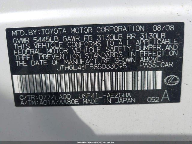 44707490 :رقم المزاد ، JTHGL46F585033095 vin ، 2008 Lexus Ls 460 L مزاد بيع