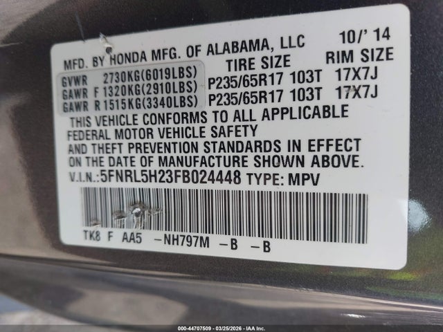 Продажа на аукционе авто 2015 Honda Odyssey Lx, vin: 5FNRL5H23FB024448, номер лота: 44707509