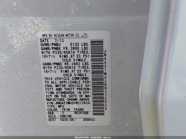 2013 Nissan Murano Sl მანქანა იყიდება აუქციონზე, vin: JN8AZ1MU2DW212824, აუქციონის ნომერი: 44707526