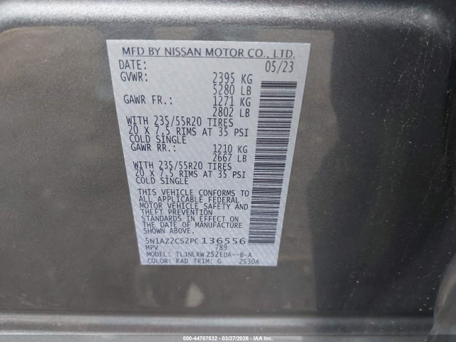 Продаж на аукціоні авто 2023 Nissan Murano Sl Intelligent Awd, vin: 5N1AZ2CS2PC136556, номер лоту: 44707532
