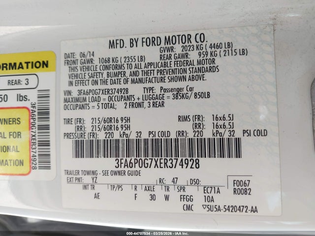 3FA6P0G7XER374928 Ford FUSION S