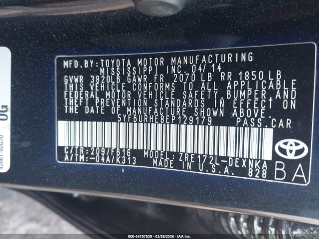 Aukcja sprzedaży 2014 Toyota Corolla Le, vin: 5YFBURHE8EP129179, numer aukcji: 44707539