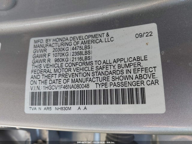 1HGCV1F46NA080048 Honda Accord Sport Special Edition