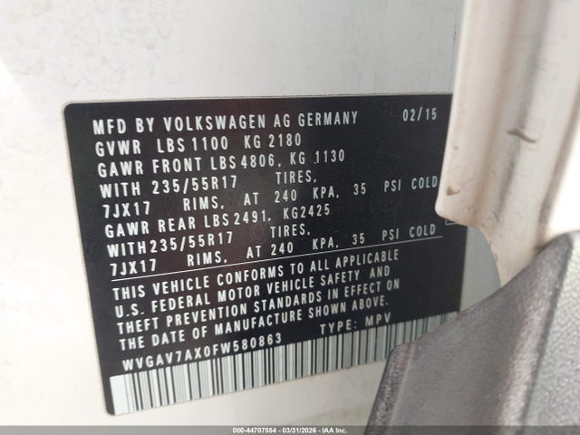 Продаж на аукціоні авто 2015 Volkswagen Tiguan Se, vin: WVGAV7AX0FW580863, номер лоту: 44707554