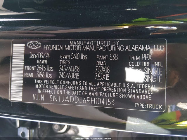 Aukcja sprzedaży 2024 Hyundai Santa Cruz Se, vin: 5NTJADDE6RH104153, numer aukcji: 44707557