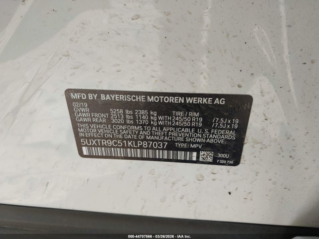 Aukcja sprzedaży 2019 Bmw X3 Xdrive30i, vin: 5UXTR9C51KLP87037, numer aukcji: 44707566