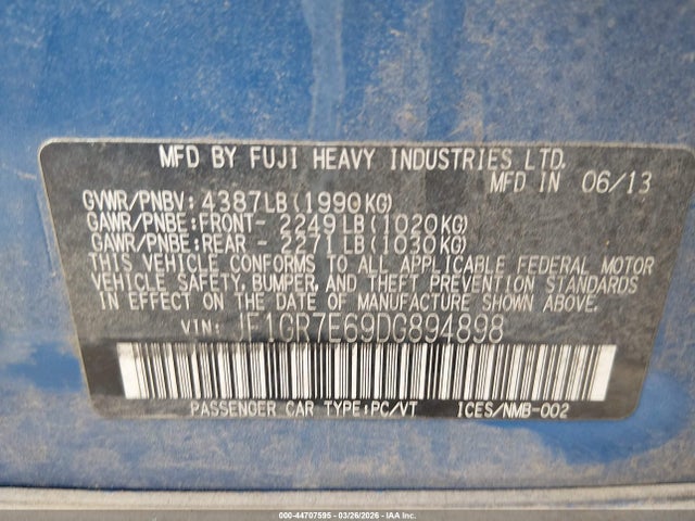 44707595 :رقم المزاد ، JF1GR7E69DG894898 vin ، 2013 Subaru Impreza Wrx Limited مزاد بيع
