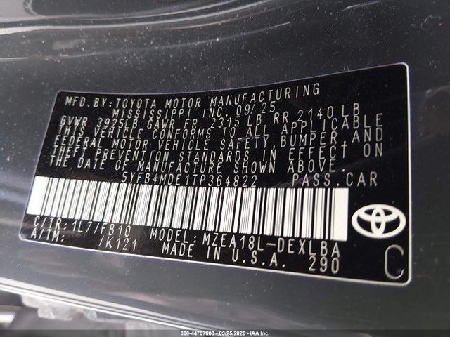 44707603 :رقم المزاد ، 5YFB4MDE1TP364822 vin ، 2026 Toyota Corolla Le مزاد بيع