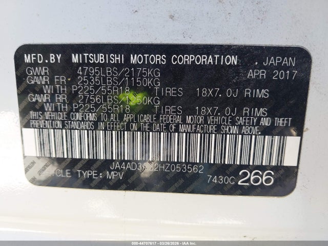 2017 Mitsubishi Outlander Se მანქანა იყიდება აუქციონზე, vin: JA4AD3A32HZ053562, აუქციონის ნომერი: 44707617
