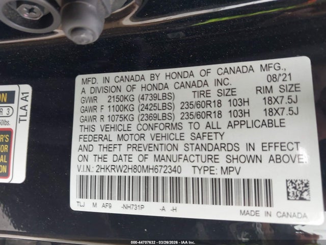 44707632 :رقم المزاد ، 2HKRW2H80MH672340 vin ، 2021 Honda Cr-v Awd Ex-l مزاد بيع