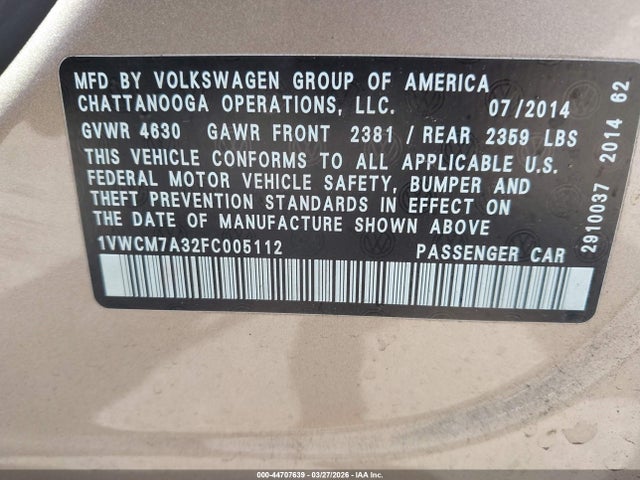 44707639 :رقم المزاد ، 1VWCM7A32FC005112 vin ، 2015 Volkswagen Passat 3.6l V6 Sel Premium مزاد بيع