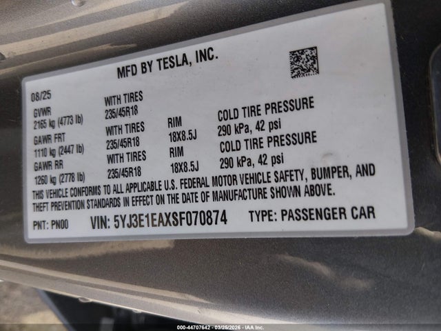Aukcja sprzedaży 2025 Tesla Model 3 Long Range Rear-wheel Drive/standard Rear-wheel Drive, vin: 5YJ3E1EAXSF070874, numer aukcji: 44707642