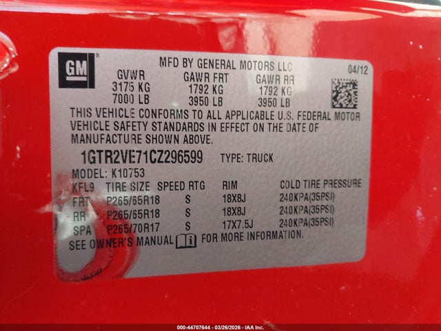 44707644 :رقم المزاد ، 1GTR2VE71CZ296599 vin ، 2012 Gmc Sierra 1500 Sle مزاد بيع