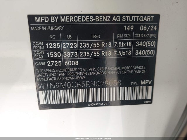 44707654 :رقم المزاد ، W1N9M0CB5RN099058 vin ، 2024 Mercedes-benz Eqb 250 Suv مزاد بيع