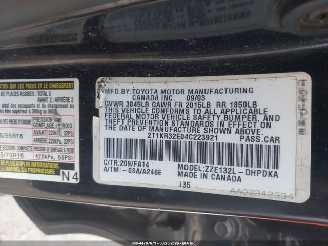 Продаж на аукціоні авто 2004 Toyota Matrix Standard, vin: 2T1KR32E04C223921, номер лоту: 44707671