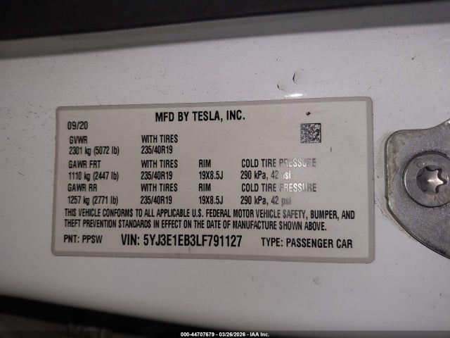 Продаж на аукціоні авто 2020 Tesla Model 3 Long Range Dual Motor All-wheel Drive, vin: 5YJ3E1EB3LF791127, номер лоту: 44707679