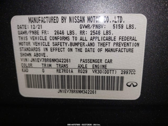 44707680 :رقم المزاد ، JN1EV7BR6NM342261 vin ، 2022 Infiniti Q50 Luxe Awd مزاد بيع