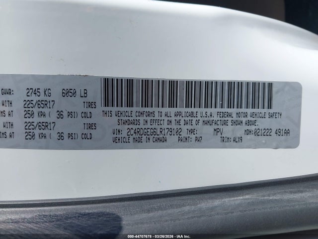 44707678 :رقم المزاد ، 2C4RDGEG6LR179102 vin ، 2020 Dodge Grand Caravan Gt مزاد بيع