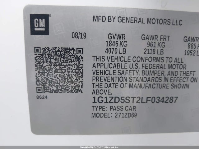 44707687 :رقم المزاد ، 1G1ZD5ST2LF034287 vin ، 2020 Chevrolet Malibu Fwd Lt مزاد بيع