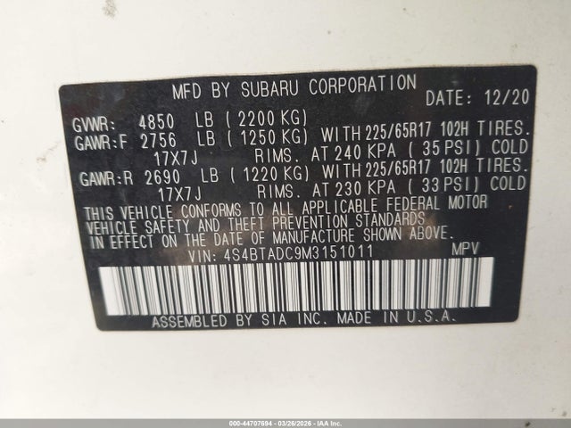 Aukcja sprzedaży 2021 Subaru Outback Premium, vin: 4S4BTADC9M3151011, numer aukcji: 44707694