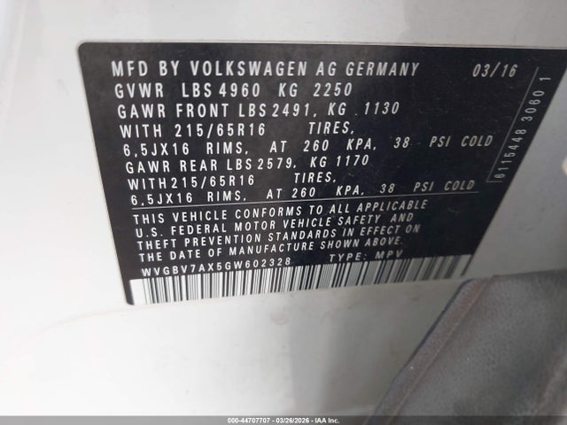 Продаж на аукціоні авто 2016 Volkswagen Tiguan S, vin: WVGBV7AX5GW602328, номер лоту: 44707707