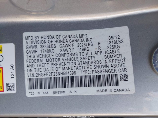 Продаж на аукціоні авто 2022 Honda Civic Lx, vin: 2HGFE2F23NH584396, номер лоту: 44707712