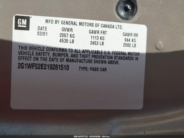 2001 Chevrolet Impala მანქანა იყიდება აუქციონზე, vin: 2G1WF52E219281510, აუქციონის ნომერი: 44707722
