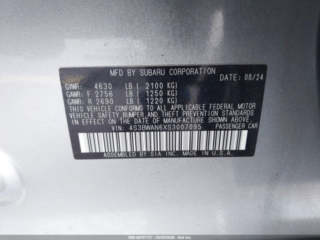 44707727 :رقم المزاد ، 4S3BWAN6XS3007095 vin ، 2025 Subaru Legacy Limited مزاد بيع