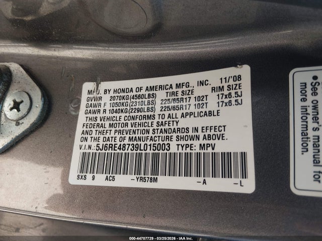 Aukcja sprzedaży 2009 Honda Cr-v Ex-l, vin: 5J6RE48739L015003, numer aukcji: 44707729
