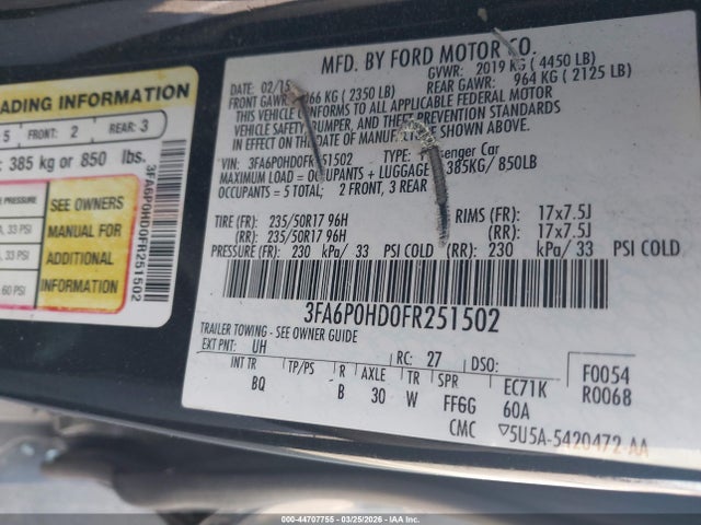 44707755 :رقم المزاد ، 3FA6P0HD0FR251502 vin ، 2015 Ford Fusion Se مزاد بيع