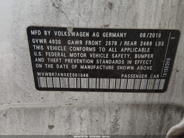 44707764 :رقم المزاد ، WVWBR7ANXKE001048 vin ، 2019 Volkswagen Arteon 2.0t Se مزاد بيع