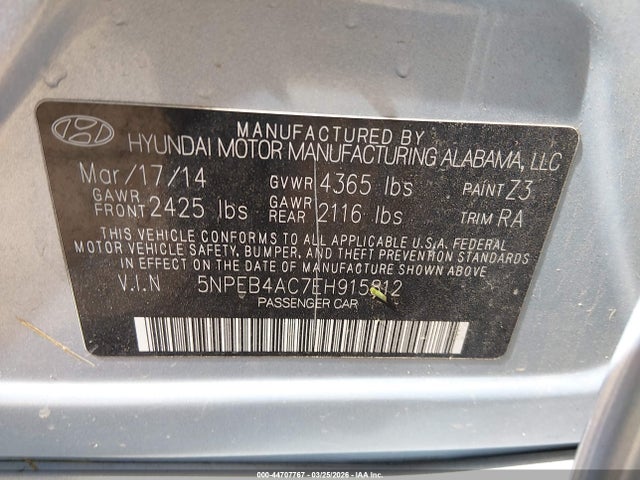 Aukcja sprzedaży 2014 Hyundai Sonata Gls, vin: 5NPEB4AC7EH915812, numer aukcji: 44707767
