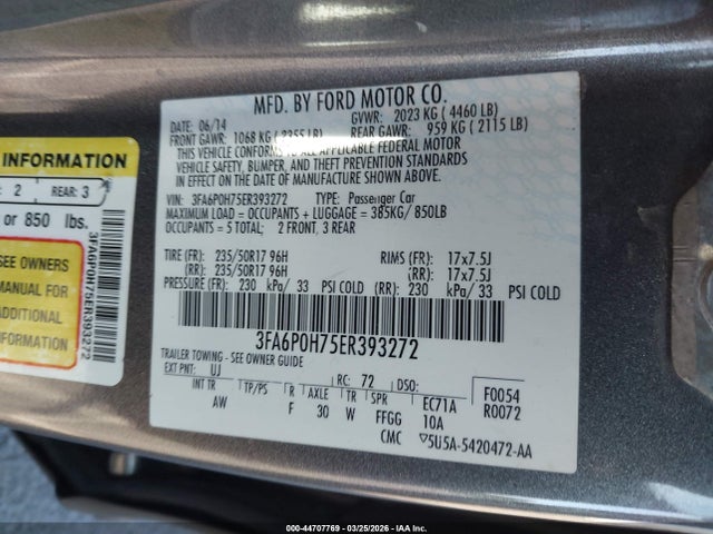 Auction sale of the 2014 Ford Fusion Se, vin: 3FA6P0H75ER393272, lot number: 44707769