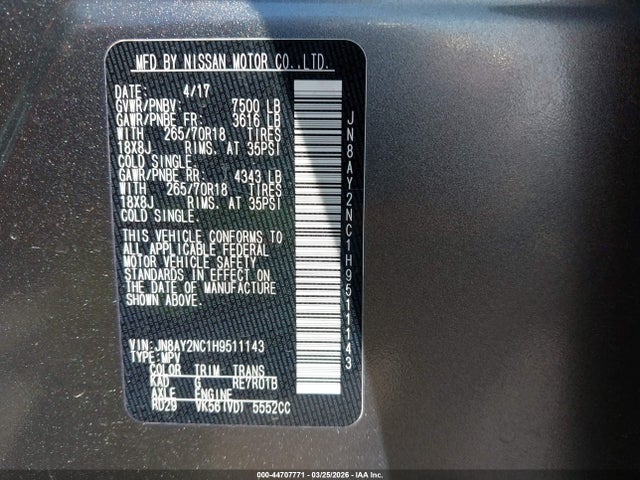 44707771 :رقم المزاد ، JN8AY2NC1H9511143 vin ، 2017 Nissan Armada Sv مزاد بيع