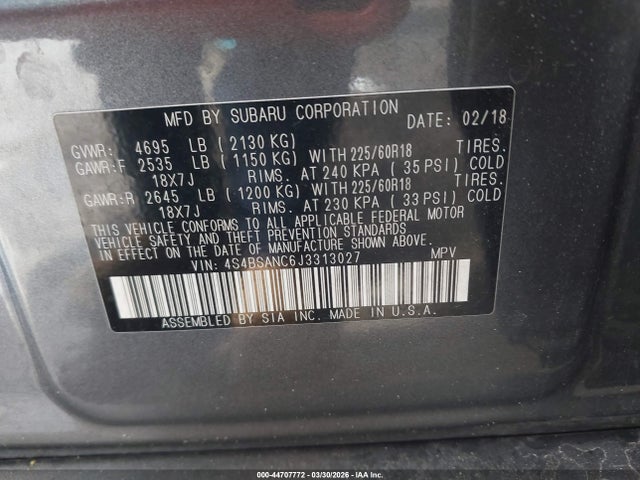 Продажа на аукционе авто 2018 Subaru Outback 2.5i Limited, vin: 4S4BSANC6J3313027, номер лота: 44707772