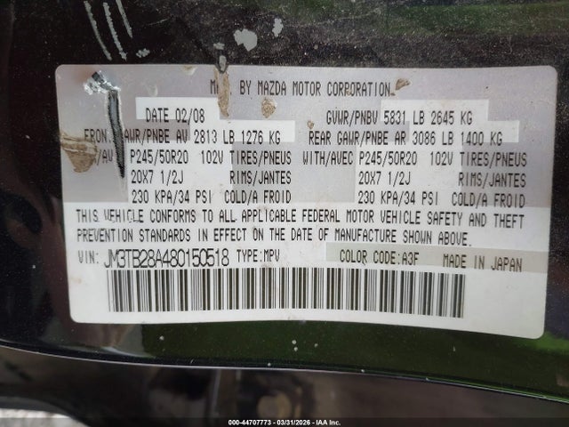 44707773 :رقم المزاد ، JM3TB28A480150518 vin ، 2008 Mazda Cx-9 Grand Touring مزاد بيع