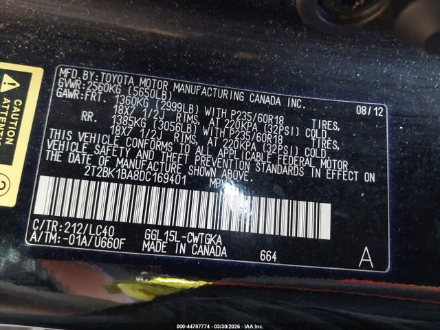 44707774 :رقم المزاد ، 2T2BK1BA8DC169401 vin ، 2013 Lexus Rx 350 مزاد بيع