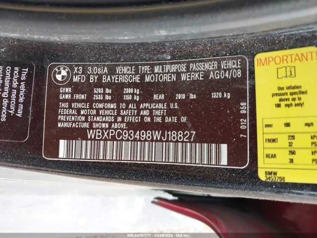 44707777 :رقم المزاد ، WBXPC93498WJ18827 vin ، 2008 Bmw X3 3.0si مزاد بيع