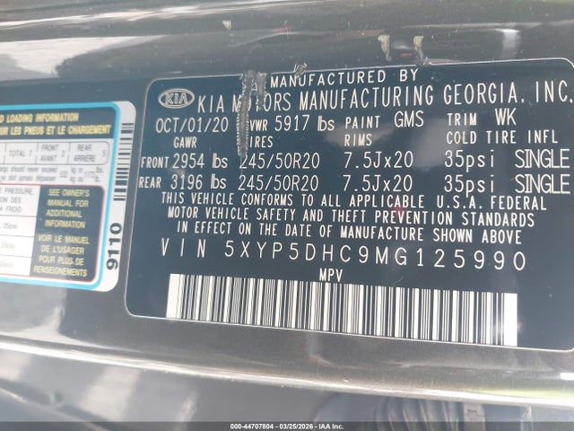 Aukcja sprzedaży 2021 Kia Telluride Sx, vin: 5XYP5DHC9MG125990, numer aukcji: 44707804