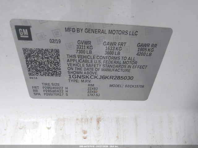 44707818 :رقم المزاد ، 1GNSKCKJ6KR285030 vin ، 2019 Chevrolet Tahoe Premier مزاد بيع