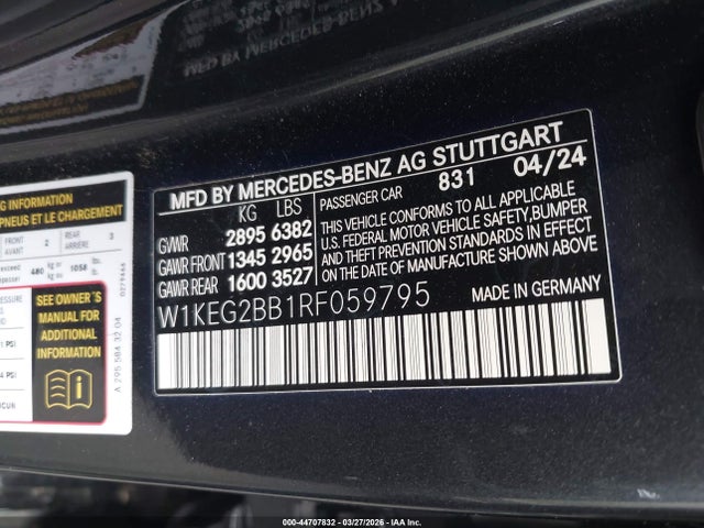 44707832 :رقم المزاد ، W1KEG2BB1RF059795 vin ، 2024 Mercedes-benz Eqe 350+ مزاد بيع