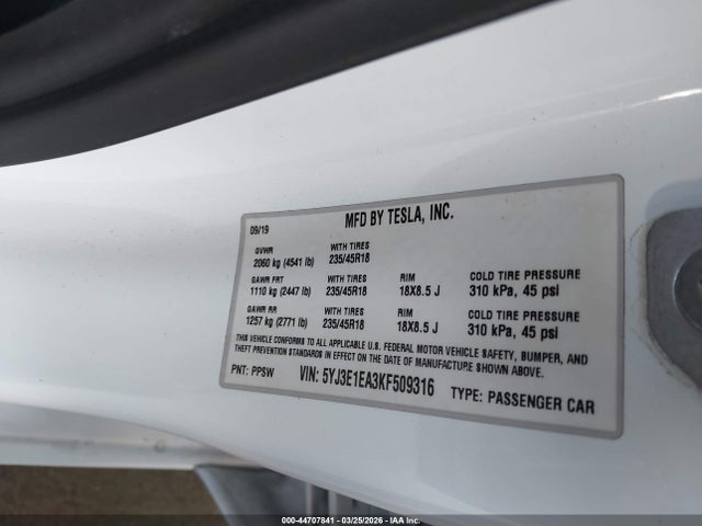 Продажа на аукционе авто 2019 Tesla Model 3 Long Range/mid Range/standard Range/standard Range Plus, vin: 5YJ3E1EA3KF509316, номер лота: 44707841